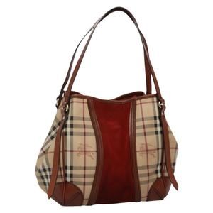 BURBERRY Nova Check Blue Label Tote Bag PVC Suede Beige Brown gold Auth 133568